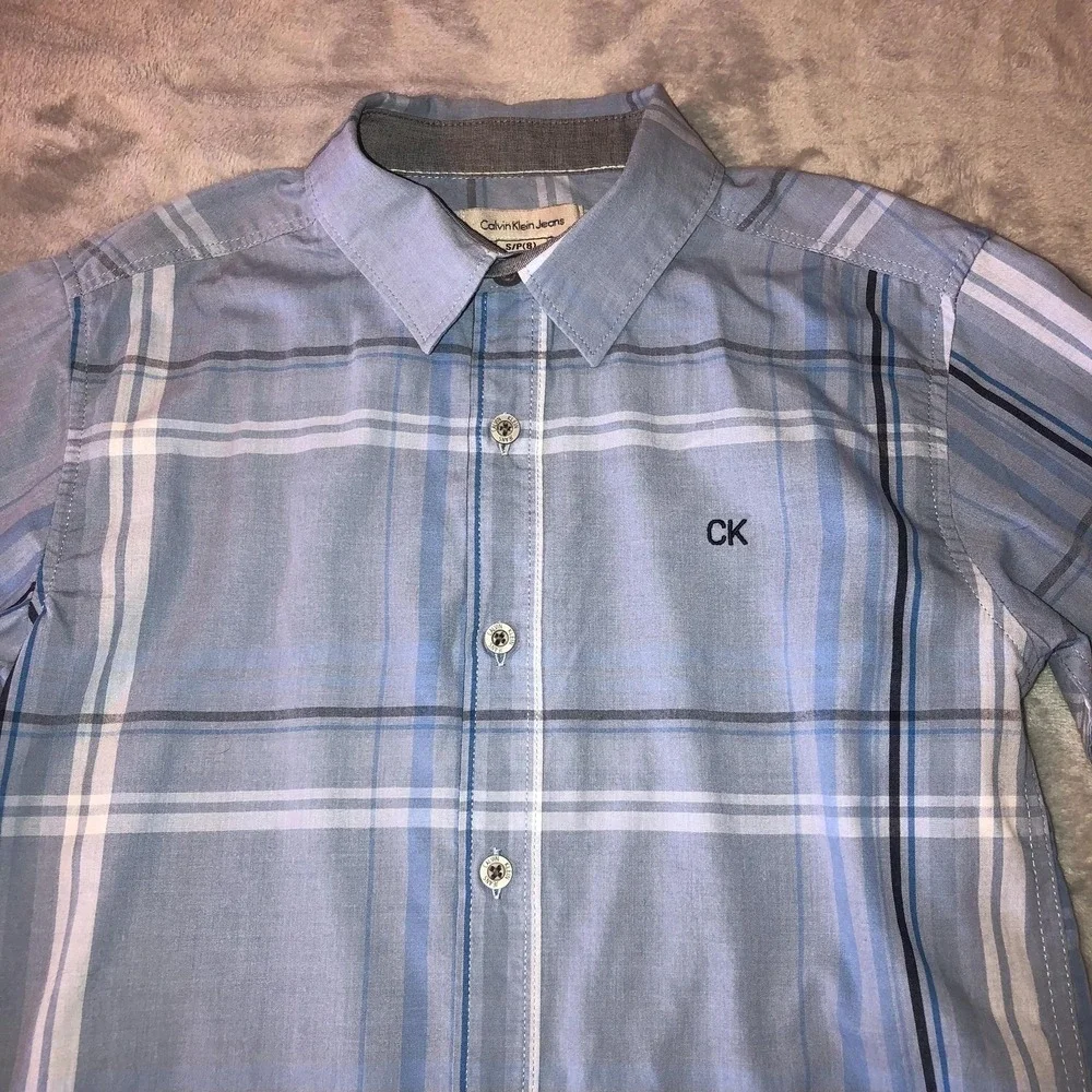 Calvin Klein Jeans Shirt‎ Boys Size 8 Blue Plaid Button Up Long Sleeve CK Logo